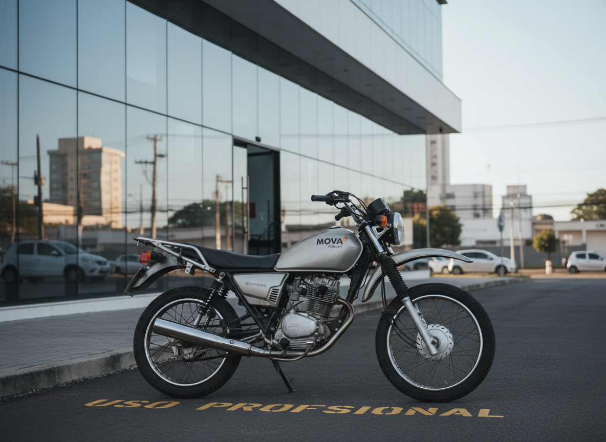 Uma motocicleta de trabalho estacionada em destaque em frente a um prédio comercial envidraçado, com adesivo discreto no tanque simulando a marca MOVA Aluguel. No piso, uma marcação amarela no chão indica “Uso Profissional”. A luz é de manhã cedo, clara e suave, iluminando a moto e gerando leve brilho nas superfícies metálicas, enquanto o fundo urbano de Cuiabá aparece suavemente desfocado. A composição é horizontal, em nível dos olhos, com a moto ocupando o primeiro plano à direita. Estilo fotográfico realista e moderno, atmosfera de oportunidade e começo de jornada de trabalho.