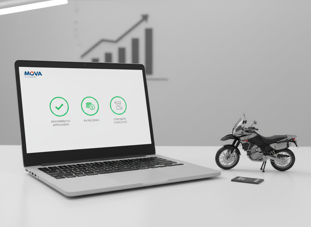 Uma tela de notebook aberta sobre uma mesa organizada, exibindo um painel de locação de motos com ícones de documentos aprovados, Pix recebido e contrato concluído, ao lado de um cartão de memória representando registros digitais. Ao lado, uma miniatura de moto de trabalho em metal preto e prata reforça o tema. Iluminação de escritório com luz branca suave vinda de luminária fora de quadro, criando sombras discretas. Fundo desfocado mostra uma parede clara com gráfico de crescimento. Foto em ângulo levemente acima, estética limpa, corporativa e profissional, ilustrando o processo rápido de aprovação online da MOVA Aluguel.