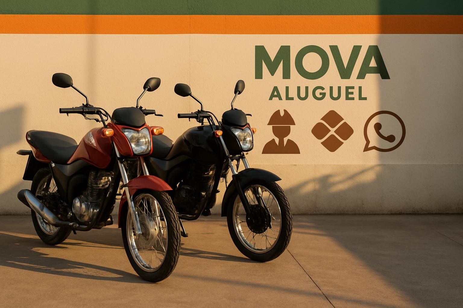 Fila organizada de três motos utilitárias de cores diferentes (vermelha, preta e branca), todas impecavelmente limpas, alinhadas sobre um piso de cimento polido em um pátio de locadora. Ao fundo, um muro claro com uma faixa laranja e verde simulando as cores corporativas da MOVA Aluguel, e um painel com ícones de “trabalho”, “Pix” e “WhatsApp”. A luz é de fim de tarde, quente e suave, projetando sombras longas e elegantes. Fotografia em ângulo levemente elevado, profundidade de campo média, atmosfera dinâmica e profissional, reforçando variedade de frota e prontidão para quem precisa começar a trabalhar hoje.